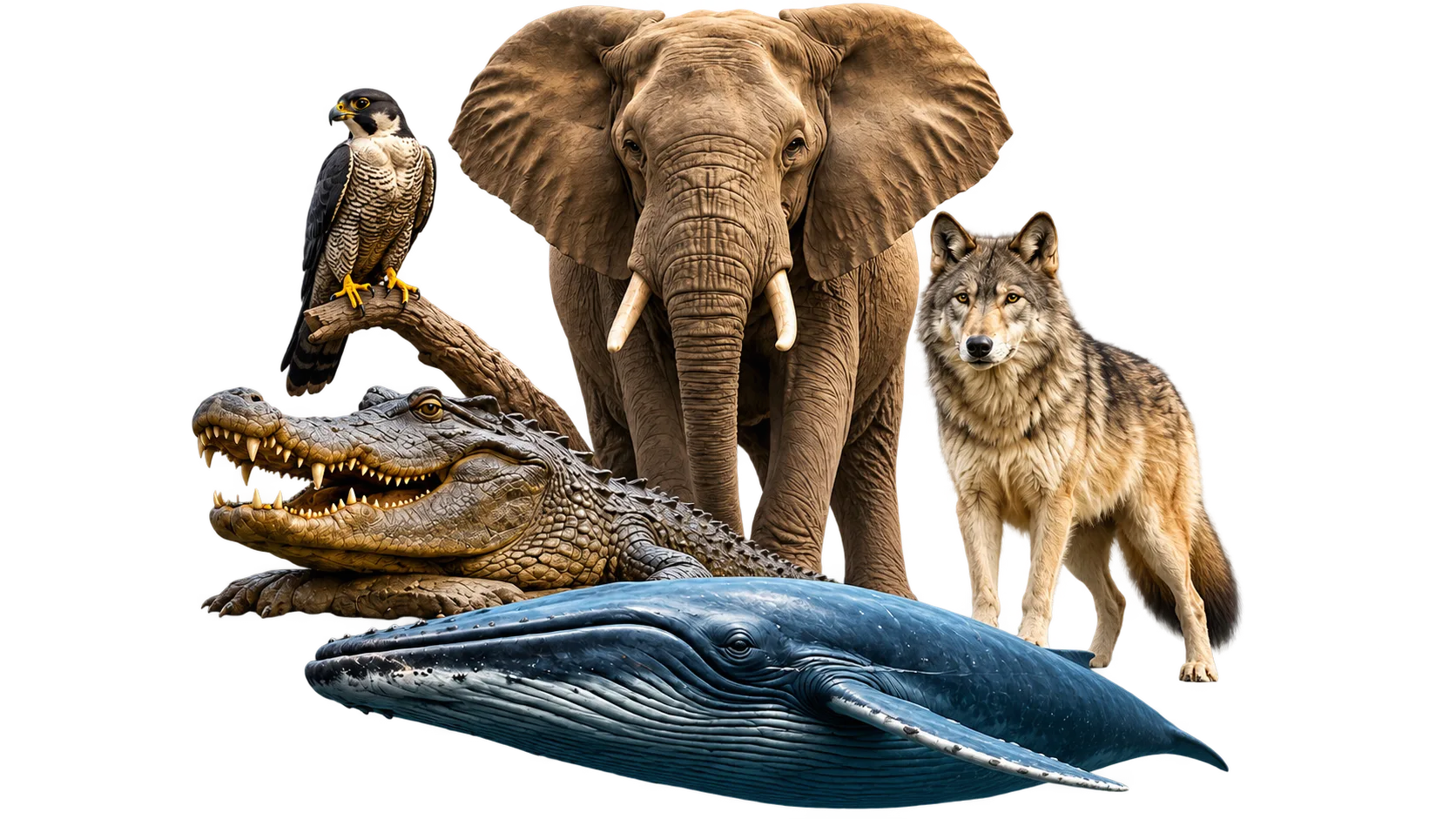Elephant, peregrine falcon, crocodile, gray wolf and blue whale representing animal life-history diversity